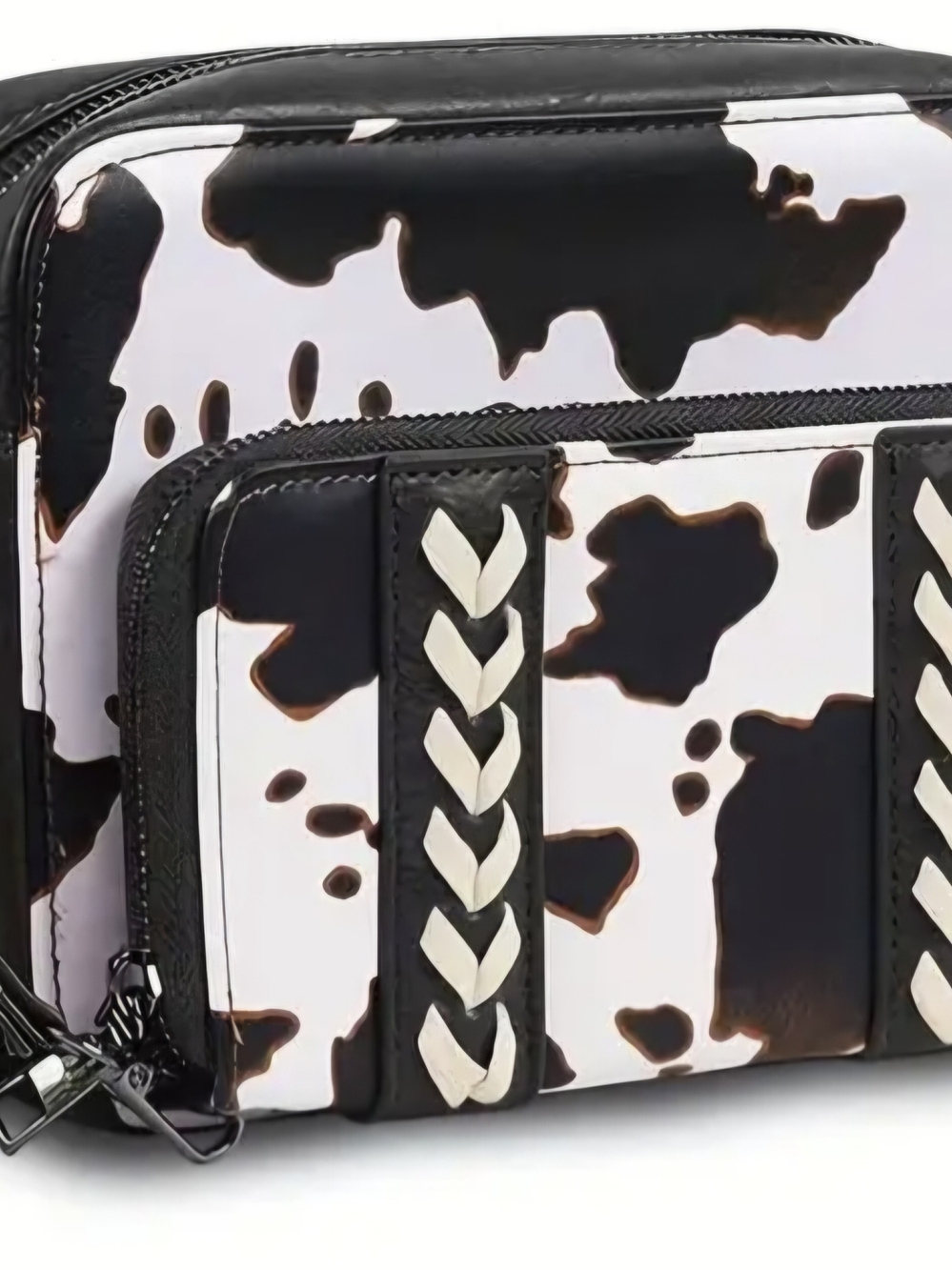 Black & White Cow-Print Crossbody Bag with Braided Trim